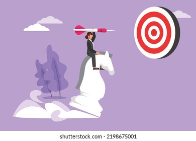 Diseño plano gráfico dibujando a una activa empresaria sosteniendo una flecha de dardo mientras monta una pieza de ajedrez estratégica. Logro del gestor del éxito. Metáfora del objetivo comercial. Ilustración vectorial de estilo de dibujos animados