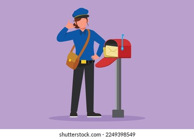 Graphic flat design drawing active postwoman with call me gesture standing in hat, bag, uniform, holding an envelope. Working hard to delivering mail to home address. Cartoon style vector illustration