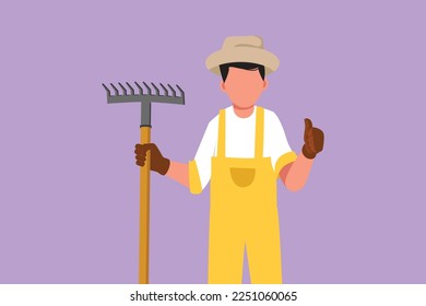 Graphic flat design drawing active male farmer holding rake with thumbs up gesture and wearing straw hat to working on the farm. Countryside or rural living people. Cartoon style vector illustration