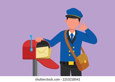 Graphic flat design drawing active postman holding envelope on mail box with call me gesture, wear hat, bag, uniform, working hard to delivery mail to home address. Cartoon style vector illustration