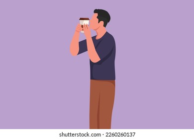 Graphic flat design drawing active handsome man standing and kissing disposable coffee cup or paper cup. Coffee product studio photo session. Coffee addict concept. Cartoon style vector illustration
