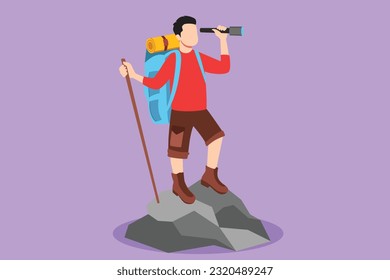 Grafische flache Zeichnung von aktiven Menschen Trekking auf dem Berg. Junge Männer, die in Bergen reisen, oben stehen, in Fernglas schauen. Tourist Outdoor Logo, Ikone. Cartoon-Stil, Vektorgrafik