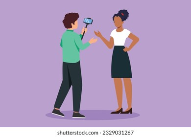 Graphic flat design drawing active pretty girl makes video blog with cameraman on the street. Young woman blogger, journalist filming with smartphone, videographer. Cartoon style vector illustration