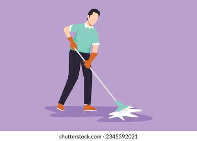 Graphic flat design drawing active man mopping floor in uniform. Attractive male cleaner janitor cleaning the office. Cleaning service job and hospital disinfection. Cartoon style vector illustration