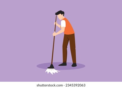 Grafische flache Design Zeichnung aktive junge Mann Mopping Boden und Reinigung drinnen. Professionelle Hausreinigung, Hausarbeit oder Hausmeister, Hausmeister Konzept. Cartoon-Stil, Vektorgrafik