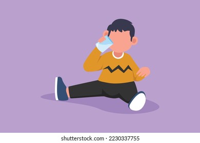 Grafische flache Design Zeichnung adorable kleine Junge sitzen während halten und genießen Glas frische Milch, um seine Körper Ernährung zu erfüllen. Konzept für Gesundheit und Wachstum von Kindern. Cartoon-Stil, Vektorgrafik