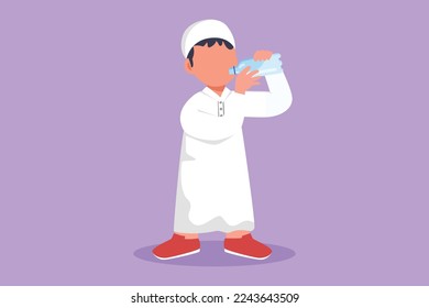 Graphic flat design drawing adorable Arab little boy standing while holding and enjoying bottle of fresh milk to fulfill his body nutrition. Child health and growth. Cartoon style vector illustration