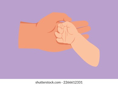 Graphic flat design drawing adorable babies hand in mothers hand. Beautiful sleeping baby girl. Newborn little baby girl, asleep on blanket. Mom and her cute child. Cartoon style vector illustration