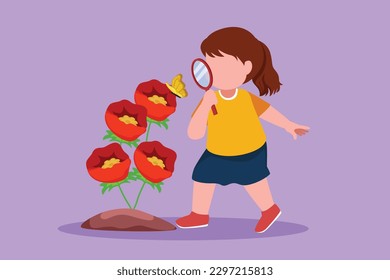 Dibujo gráfico de diseño plano adorable niña pequeña usando lupa y observando mariposa en la hoja. Niños observando la naturaleza. Actividades infantiles en el jardín exterior. Ilustración vectorial de estilo de dibujos animados
