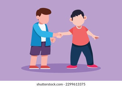 Graphic flat design drawing of adorable little boys standing and shaking hands making friendship. Children introduce themselves. Cute boys touching each other's hand. Cartoon style vector illustration