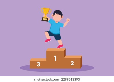 Graphic flat design drawing of adorable little boy standing on podium as sport competition winner. Championship celebration ceremony. Happy kids win game gold trophy. Cartoon style vector illustration