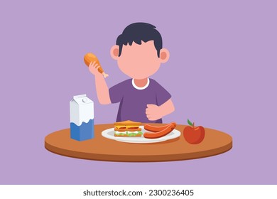 Dibujo gráfico de diseño plano adorable niño pequeño comiendo comida saludable para el desayuno matutino. Los niños felices comen deliciosa comida con leche en casa. Escolar disfrutando de un plato. Ilustración vectorial de estilo de dibujos animados