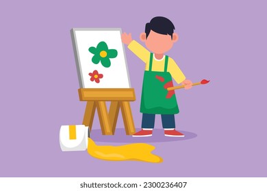 Graphic flat design drawing adorable little boy draw on canvas. Happy child painting on easel. Smiling kids with brush and paints. Creative children learn painting. Cartoon style vector illustration