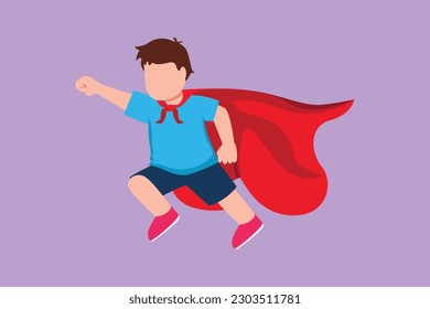 Graphic flat design drawing adorable little boy flies through air in super hero pose with outstretched hand. Happy kids in super hero costume, cloak tied around neck. Cartoon style vector illustration