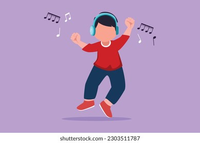 Graphic flat design drawing adorable little boy listening to music with headphones on his head. Kid wearing earphones and headphones, listening to music and dancing. Cartoon style vector illustration