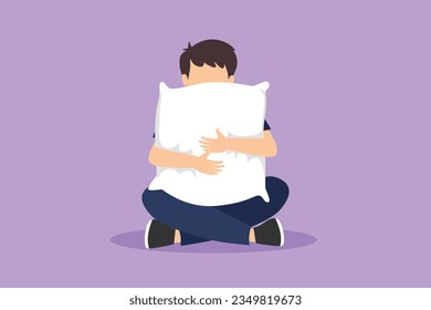 Graphic flat design drawing adorable little boy sitting   holding pillow ready to sleep  Happy child wearing pajamas going to bed  Has good night   sweet dream  Cartoon style vector illustration