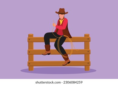 Graphic flat design drawing American cowboy with lasso rope sitting on a wooden fence with wild west sunset landscape in the evening. Cowboy lifestyle in the stables. Cartoon style vector illustration