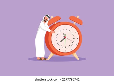 Graphic flat design drawing Arab businessman, manager or employee stand and hugging big clock. Time management, watch, time to work. Deadline and completed project. Cartoon style vector illustration