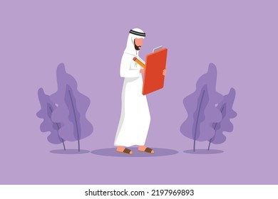 Graphic flat design drawing Arab businessman standing and writing with clipboard. Office manager assisting and completed tasks on paper document. Business successful. Cartoon style vector illustration