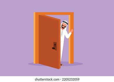 Graphic flat design drawing Arab businessman looking from behind open door. Happy man peeking of door and wave hands. Male standing in doorway. Waiting guest to come. Cartoon style vector illustration