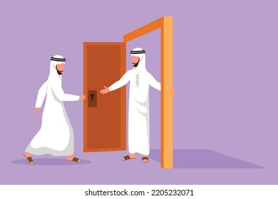 Graphic flat design drawing Arab businessman at the door welcomes his friend in. Male manager is inviting his friend to get into his house. Hospitality or friendship. Cartoon style vector illustration