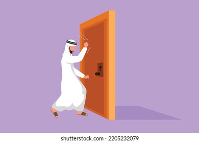 Graphic flat design drawing Arab businessman knocking at door. Worker standing at entrance of meeting room knocking door. Man in traditional clothes knocking at door. Cartoon style vector illustration