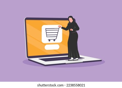 Graphic flat design drawing Arab female standing and buying online via giant laptop screen with shopping cart inside. Digital store technology, consumerism concept. Cartoon style vector illustration