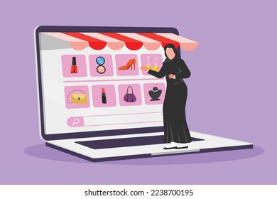 Diseño gráfico plano dibujando a una mujer árabe eligiendo artículos de compras en una pantalla gigante de un portátil. Estilo de vida digital con el concepto de internet y gadget. Tecnología de tiendas en línea. Ilustración vectorial de estilo de dibujos animados