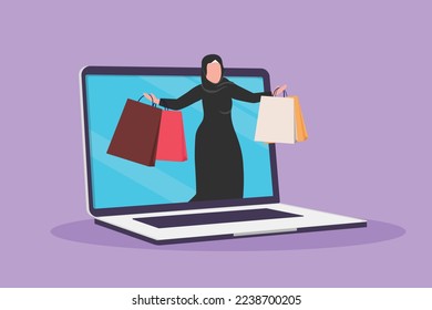 Graphic flat design drawing Arab woman coming out of laptop computer screen with holding shopping bags. Sale, digital lifestyle, consumerism. Online store technology. Cartoon style vector illustration