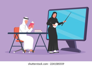 Graphic flat design drawing Arab female teacher standing in front of monitor screen holding book and teaching senior high school student sitting on chair near desk. Cartoon style vector illustration