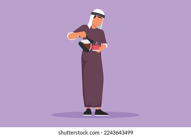 Graphic flat design drawing Arab man drinking coffee. Male standing and pouring coffee from kettle into cup. Enjoying weekend relax at home. Breakfast morning daily. Cartoon style vector illustration