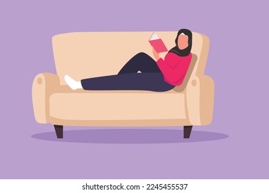 Graphic flat design drawing Arab woman lying on sofa and reading book at home. Happy female reading literature. Self education, distance studying, relaxing concept. Cartoon style vector illustration