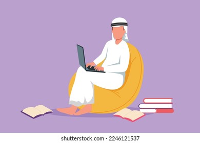 Graphic flat design drawing Arab businessman or designer or programmer or freelancer sitting on comfy couch while typing on laptop. Remote worker. Online education. Cartoon style vector illustration
