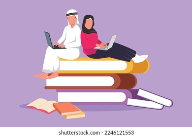 Graphic flat design drawing Arab couple with laptop computer sitting on pile of book together. Freelance, distance learning, online courses. Man and woman studying. Cartoon style vector illustration