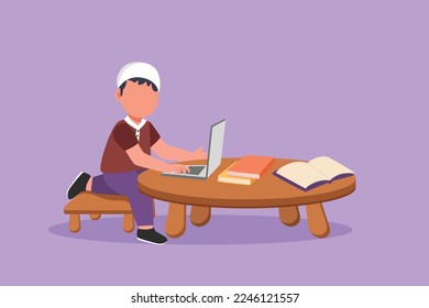 Graphic flat design drawing Arab child at computer and open book on table. Little boy learning online at desk with laptop. Kid at monitor studying code programming. Cartoon style vector illustration
