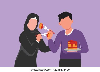 Graphic flat design drawing Arab couple eating cake and feeding each other. Man and woman having fun dinner together at restaurant. Celebrate wedding anniversaries. Cartoon style vector illustration