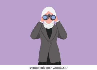 Grafische flache Design-Zeichnung arabischen Geschäftsfrau suchen durch Fernglas nach Arbeit suchen. Finden Sie alle Chancen in der Welt der geeigneten Arbeitsplätze. Geschäftsmetapher. Cartoon-Stil, Vektorgrafik