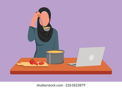 Graphic flat design drawing Arab housewife mixing tomato sauce, tasting, relish meal with wooden spatula. Prepare food at kitchen while watching tutorial on laptop. Cartoon style vector illustration