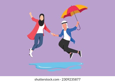 Graphic flat design drawing Arab couple in love walking under rain with umbrella. Man and woman walking and jumping on street. Married couple romantic relationship. Cartoon style vector illustration