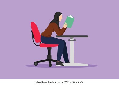 Diseño gráfico plano dibujando a una estudiante árabe leyendo un libro en una biblioteca o librería y sentada en la mesa. La gente lee y estudia la educación o la enseñanza. Ilustración vectorial de estilo de dibujos animados