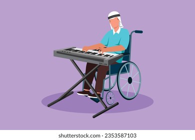 Diseño plano gráfico dibujar teclados árabe masculino sentado en silla de ruedas jugando teclado eléctrico en eventos musicales, cantando canciones. Discapacitado físicamente. Centro de rehabilitación. Ilustración vectorial de estilo de dibujos animados