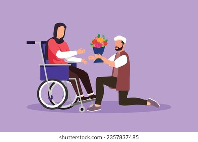 Graphic flat design drawing Arab male, disabled female in wheelchair. Man give bouquet of flower to woman. Caregiver, family moral support. Disability rehabilitation. Cartoon style vector illustration