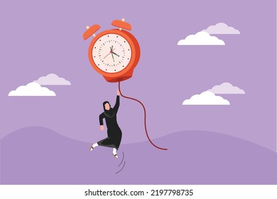 Diseño plano gráfico que dibuja a una mujer de negocios, gerente o empleada árabe volando con un gran reloj despertador en globo y sosteniendo cuerda. Gestión del tiempo, metáfora de negocios de fecha límite. Ilustración vectorial de estilo de dibujos animados