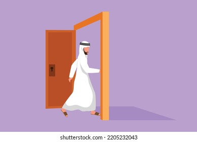 Graphic flat design drawing Arabian businessman enters the room through the door. Male manager walking to opened door. Starting new day at office. Business metaphor. Cartoon style vector illustration