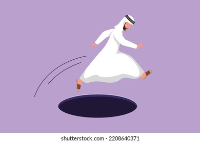 Graphic flat design drawing Arabian businessman jumping through hole, metaphor to facing big problem. Business struggles in market competition. Strength for success. Cartoon style vector illustration