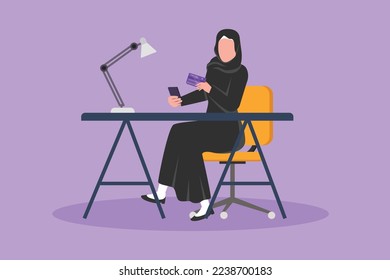 Graphic flat design drawing Arabian woman sitting at desk and typing entering credit card code on smartphone. Online store, e-shop, e-commerce, digital payment tech. Cartoon style vector illustration