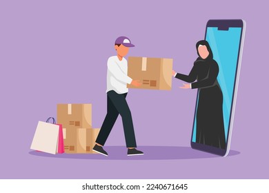 Grafische flache Design Zeichnung arabischen weiblichen Kunden erhält Boxed Paket, durch Smartphone-Bildschirm von männlichen Kurierdienst. Online-Zustelldienst. Online-Shop-Technik. Cartoon-Stil, Vektorgrafik