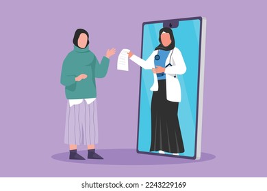Graphic flat design drawing Arabian female patient receiving prescription from female doctor coming out of smartphone screen. Online medical healthcare consultation. Cartoon style vector illustration