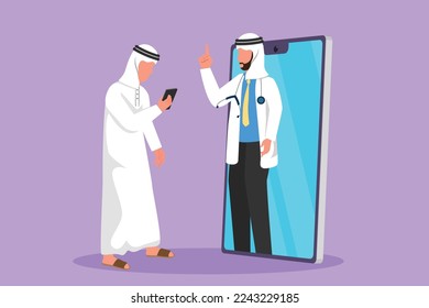 Graphic flat design drawing Arabian male patient holding smartphone standing facing giant smartphone and consulting male doctor. Doctor online or digital healthcare. Cartoon style vector illustration