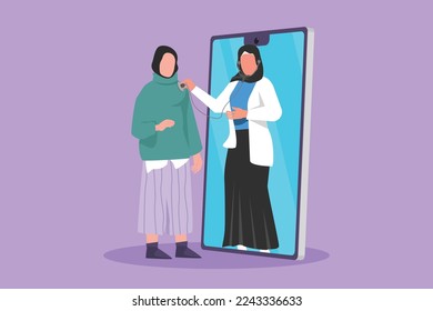 Graphic flat design drawing Arabian female doctor comes out of smartphone screen and checking female patient heart rate using stethoscope. Online doctor or medical. Cartoon style vector illustration